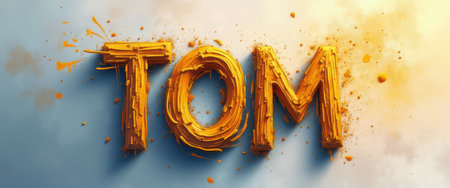The image showcases the name TOM crafted from textured, orange materials, set against a soft gradient background. This striking visual combines creativity and boldness, evoking a sense of energy and playfulness that captures attention.の素材