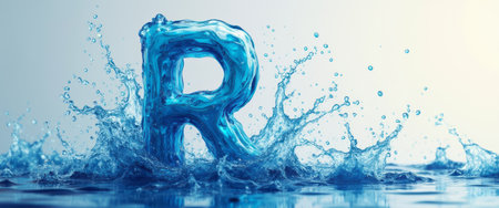 A striking image captures the letter R crafted from crystal-clear water, dramatically splashing against a serene backdrop. The vibrant blue hues and energetic water droplets evoke a sense of freshness and creativity, making it perfect for branding or artistic projects.の素材
