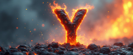 A striking letter Y, glowing with fiery orange and red hues, rises dramatically from a bed of molten lava. This captivating image symbolizes strength and resilience, set against a backdrop of intense heat and volcanic energy.の素材