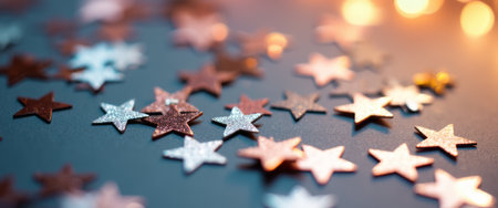 A dazzling array of shimmering stars in rose gold and silver hues is artfully scattered across a soft surface, illuminated by warm bokeh lights in the background. This enchanting scene evokes a sense of celebration and magic, perfect for festive occasions and creative projects.の素材