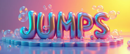The vibrant 3D text JUMPS pops with a glossy finish, radiating playful energy against a soft gradient background. Surrounded by whimsical bubbles, this lively scene evokes a sense of fun and excitement, perfect for capturing attention in a dynamic way.の素材