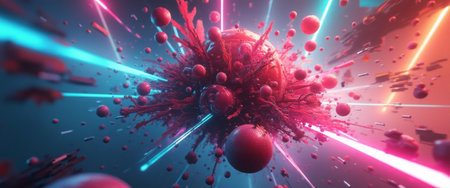 An explosive burst of vivid reds and blues creates a stunning cosmic spectacle, with spherical forms and radiant beams of light radiating outward. This captivating image evokes a sense of energy and movement, inviting viewers to explore the depths of imagination and the mysteries of the universe.の素材