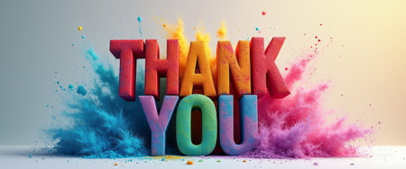 A bold and colorful Thank You stands out against a soft gradient background, surrounded by a dynamic explosion of colored powder. This lively image radiates gratitude and joy, making it perfect for expressing appreciation in a fun and artistic way.の素材