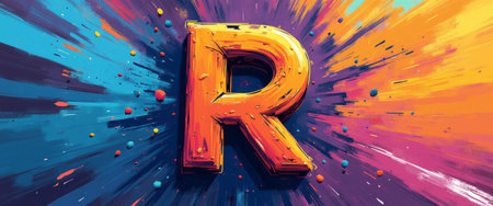 A striking letter R bursts forth from a vibrant explosion of colors, creating a sense of energy and movement. The vivid hues of orange, blue, and purple blend seamlessly, evoking excitement and creativity, making it perfect for modern designs and branding.の素材