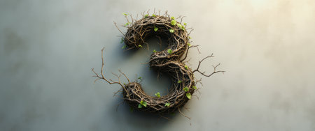 A beautifully crafted number three, formed from intertwined twigs and adorned with fresh green leaves, stands out against a soft, muted background. This artistic representation of nature evokes feelings of growth and renewal, symbolizing the harmony between numbers and the natural world.の素材