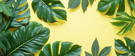 A stunning display of various lush green leaves elegantly arranged on a bright yellow backdrop creates a lively and refreshing atmosphere. This vibrant composition evokes feelings of natures beauty and vitality, perfect for adding a touch of freshness to any design project.の素材