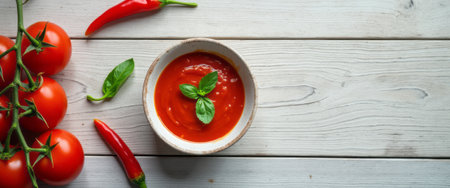 A rustic bowl of rich tomato sauce sits invitingly on a weathered wooden table, surrounded by ripe tomatoes and fiery red chili peppers. This vibrant composition captures the essence of fresh ingredients, evoking a sense of warmth and culinary creativity.の素材