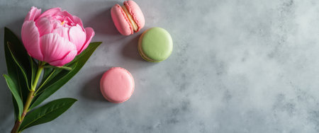 A stunning pink peony blooms gracefully beside a trio of pastel macarons, creating a delightful contrast against a soft gray backdrop. This elegant composition evokes a sense of sweetness and sophistication, perfect for celebrations or culinary delights.の素材