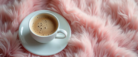 A delicate white coffee cup sits atop a soft, fluffy pink blanket, inviting warmth and comfort. The rich, frothy coffee creates a perfect contrast against the plush texture, evoking a sense of relaxation and indulgence.の素材