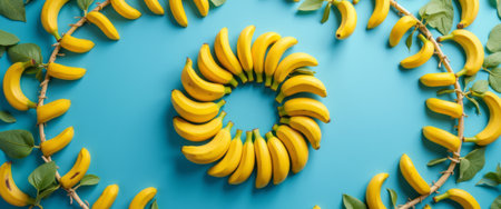 This eye-catching composition features a stunning circle of ripe bananas surrounded by lush green leaves, creating a playful and fresh vibe. The vivid yellow of the bananas contrasts beautifully with the turquoise backdrop, evoking feelings of joy and abundance.の素材