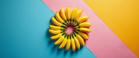 A stunning display of fresh bananas forms a radiant circle, set against a backdrop of bold blue and pink hues. This playful arrangement captures the essence of fun and freshness, inviting viewers to indulge in the vibrant energy of natures sweetness.の素材