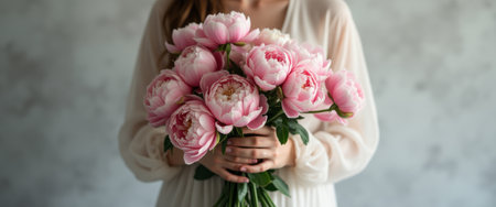 A graceful woman cradles a stunning bouquet of soft pink peonies, radiating elegance and charm against a muted backdrop. The vibrant blooms symbolize love and beauty, inviting a sense of serenity and joy into the scene.の素材