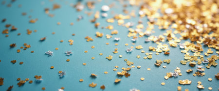 A dazzling array of gold and blue confetti glimmers against a bright turquoise backdrop, creating a festive and celebratory atmosphere. This image captures the essence of joy and excitement, perfect for events like parties, birthdays, or New Year celebrations.の素材