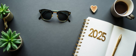 A chic arrangement featuring trendy sunglasses, a 2025 planner, and a warm cup of coffee creates a modern workspace vibe. This image embodies motivation and organization, perfect for those planning their future with style and flair.の素材
