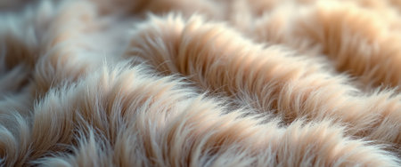 An inviting close-up of plush faux fur showcases its soft, wavy texture in warm beige tones. This image evokes a sense of comfort and coziness, perfect for home decor or fashion applications.の素材