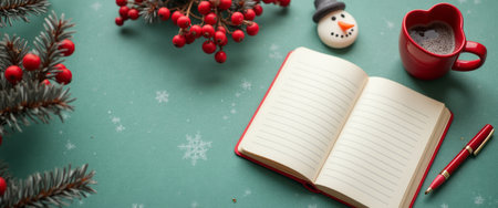 An inviting winter tableau features an open notebook ready for thoughts, surrounded by cheerful holiday decorations and a steaming cup of cocoa. This heartwarming scene captures the essence of the season, blending creativity and comfort with a touch of festive spirit.の素材