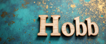 The image features wooden letters forming the word Hobb, set against a stunning turquoise backdrop adorned with shimmering gold specks. This vibrant composition evokes a sense of creativity and warmth, perfect for themes of hobbies and personal expression.の素材