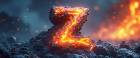 A striking letter Z, crafted from molten lava, radiates an intense glow against a backdrop of rugged volcanic terrain. This captivating image evokes a sense of power and transformation, symbolizing strength and creativity in a fiery landscape.の素材