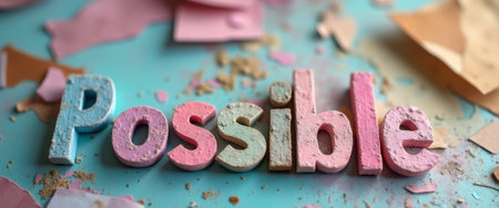 The word Possible is artistically crafted from textured letters in pastel shades, set against a lively turquoise backdrop scattered with colorful paper fragments. This uplifting image radiates positivity and creativity, inviting viewers to embrace the limitless potential of their dreams.の素材