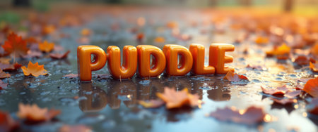 Playful orange letters spelling PUDDLE reflect in a rain-soaked path adorned with vibrant autumn leaves. This whimsical scene captures the essence of fall, inviting viewers to embrace the beauty of natures transitionsの素材