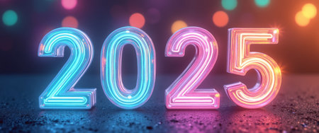 The luminous digits 2025 shine brightly in neon blue and pink hues, set against a dreamy bokeh backdrop. This captivating image radiates excitement and anticipation for the New Year, inviting viewers to celebrate fresh beginnings and endless possibilities.の素材