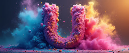 A vibrant explosion of colorful powder creates the letter U, surrounded by a cloud of pink, blue, and orange hues. This dynamic image captures the essence of creativity and energy, inviting viewers to embrace their imagination and express themselves.の素材