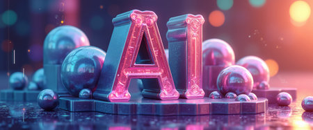 A striking 3D representation of the letters AI glows vibrantly amidst a backdrop of glossy spheres, creating a captivating tech-inspired scene. The interplay of light and color evokes a sense of innovation and modernity, inviting viewers to explore the limitless possibilities of artificial intelligence.の素材