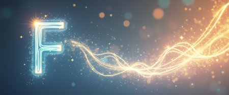 A glowing letter F radiates brilliance against a deep blue backdrop, accompanied by shimmering trails of light that dance around it. This captivating image evokes a sense of magic and creativity, perfect for themes of innovation and inspiration.の素材