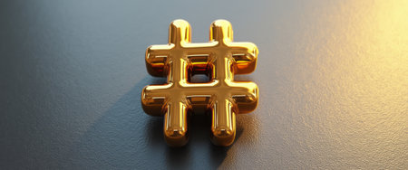 A striking golden hashtag symbol gleams against a smooth, dark surface, radiating modernity and sophistication. This eye-catching image captures the essence of digital communication and social media trends, inviting viewers to engage with the world of hashtags and online connectivity.の素材