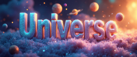 A dazzling 3D representation of the word Universe glimmers with a sparkling texture, set against a dreamy cosmic backdrop filled with vibrant planets. This captivating scene evokes a sense of wonder and exploration, inviting viewers to delve into the mysteries of the cosmos.の素材