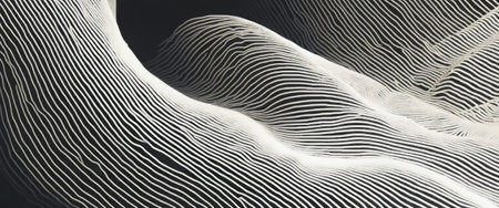 A stunning abstract composition features flowing white lines that undulate gracefully, evoking a sense of movement and depth. The intricate patterns create a captivating visual rhythm, inviting viewers to explore the serene beauty of this minimalist design.の素材