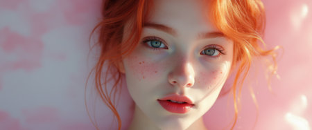 This enchanting close-up captures a young woman with fiery red hair and striking blue eyes, framed by soft, wavy locks. Her delicate freckles and gentle expression evoke a sense of innocence and beauty, set against a dreamy pink background that enhances her ethereal charm.の素材