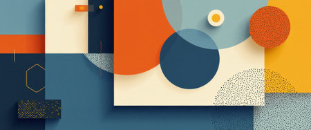 This captivating abstract artwork features a harmonious blend of geometric shapes, including circles, squares, and hexagons, in a palette of blue, orange, and cream. The interplay of colors and forms creates a lively atmosphere, inviting viewers to explore the balance between structure and creativity.の素材