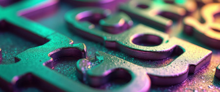 This striking close-up showcases metallic letters glistening with vibrant neon reflections, creating a mesmerizing interplay of colors. The intricate details and droplets of water add depth and texture, inviting viewers to explore the beauty of typography in a modern, artistic context.の素材