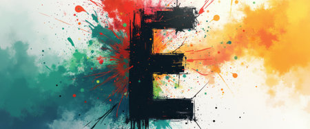 A striking letter E stands prominently against a backdrop of dynamic splashes in vivid hues of orange, teal, and yellow. This artistic explosion of color evokes creativity and energy, making it perfect for projects that celebrate innovation and expression.の素材