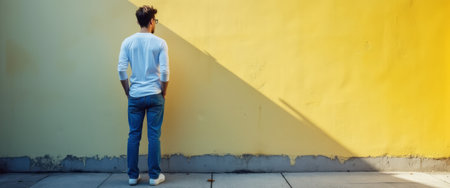 A thoughtful young man stands with his back to the camera, gazing at a striking yellow wall that casts a long shadow. This scene captures a moment of introspection and creativity, inviting viewers to ponder the emotions evoked by the bold color and minimalist setting.の素材