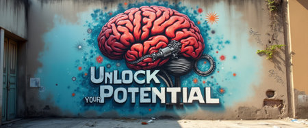 This striking mural features a vividly colored brain intertwined with mechanical gears, symbolizing the fusion of creativity and intellect. The bold phrase Unlock Your Potential invites viewers to explore their capabilities, set against a backdrop of bright blues and whimsical designs that evoke inspiration and motivation.の素材