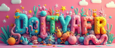 A vibrant display of oversized, playful letters adorned with marine life and colorful textures creates a joyful underwater scene. This imaginative artwork invites viewers into a fantastical world filled with charm and whimsy, where each letter is a celebration of creativity and fun.の素材