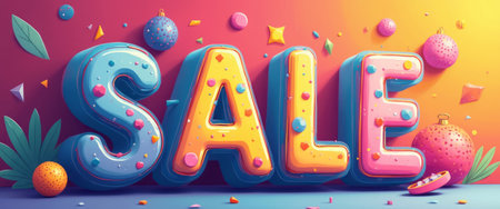 A vibrant and playful display of oversized 3D letters spelling SALE is set against a cheerful gradient background. The scene is adorned with colorful ornaments and playful shapes, creating an inviting atmosphere perfect for holiday shopping.の素材