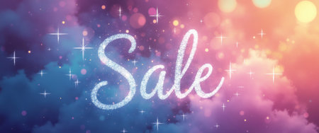A dazzling Sale text sparkles against a vibrant, dreamy backdrop of soft clouds in hues of purple, pink, and blue. This enchanting image radiates excitement and allure, perfect for attracting attention to special promotions and discounts.の素材