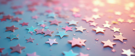 A whimsical array of shimmering pastel stars glistens against a soft blue background, creating a magical and enchanting atmosphere. The delicate hues of pink, blue, and gold evoke feelings of wonder and joy, inviting viewers to dream and explore their imagination.の素材