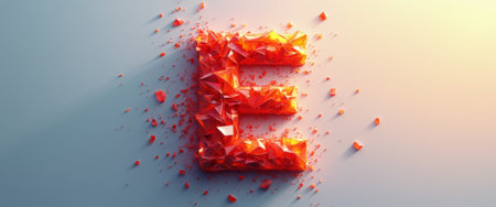 A striking 3D representation of the letter E crafted from angular, faceted shapes in a bold red hue, set against a soft gradient background. The image radiates energy and creativity, making it perfect for modern branding or artistic projects.の素材