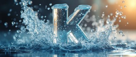A striking illuminated letter K emerges from a splash of water, creating a dynamic and captivating scene. The interplay of light and water droplets evokes a sense of energy and creativity, making it perfect for modern design projects.の素材