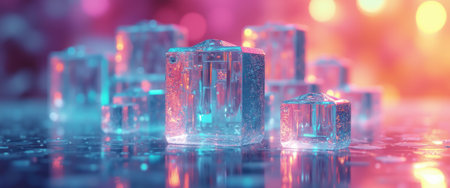 A stunning arrangement of translucent ice cubes reflects a mesmerizing blend of neon pink and blue lights, creating a captivating atmosphere. The shimmering surface beneath enhances the visual allure, inviting viewers to experience the cool elegance and vibrant energy of this artistic composition.の素材