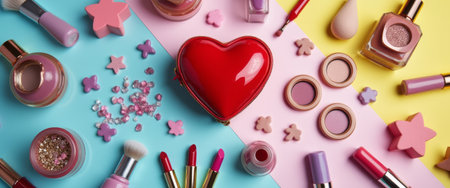 A delightful arrangement of colorful cosmetics sprawls across a pastel backdrop, featuring a striking red heart-shaped pouch at the center. This playful scene bursts with beauty essentials, inviting makeup lovers to indulge in creativity and self-expression.の素材