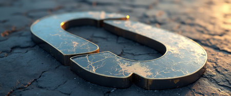 A striking metallic letter C gleams under warm sunlight, set against a backdrop of cracked, dry earth. This captivating image symbolizes resilience and transformation, merging the beauty of design with the harshness of nature.の素材