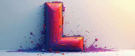 A striking 3D letter L bursts with vivid colors, surrounded by playful splashes of paint that create an energetic vibe. This artistic representation captures creativity and expression, making it perfect for projects that celebrate individuality and boldness.の素材