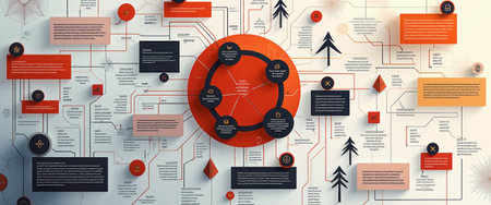 This visually striking infographic features a central circular diagram surrounded by various interconnected elements, all in bold reds, blacks, and oranges. The design effectively communicates complex ideas, making it an ideal resource for presentations, educational materials, or digital content.の素材