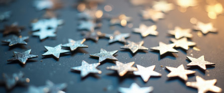 A dazzling array of silver stars glimmers against a deep, dark background, creating a magical and festive atmosphere. The shimmering stars evoke feelings of wonder and celebration, perfect for holiday themes or creative projects.の素材