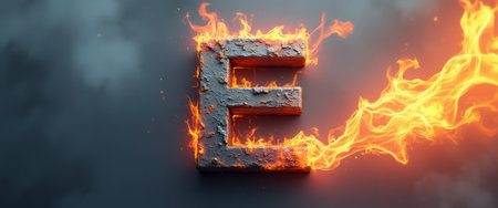 A striking letter E appears to be ablaze, with vibrant flames licking its edges against a smoky backdrop. This dynamic image captures the essence of energy and passion, making it perfect for themes of creativity and intensity.の素材
